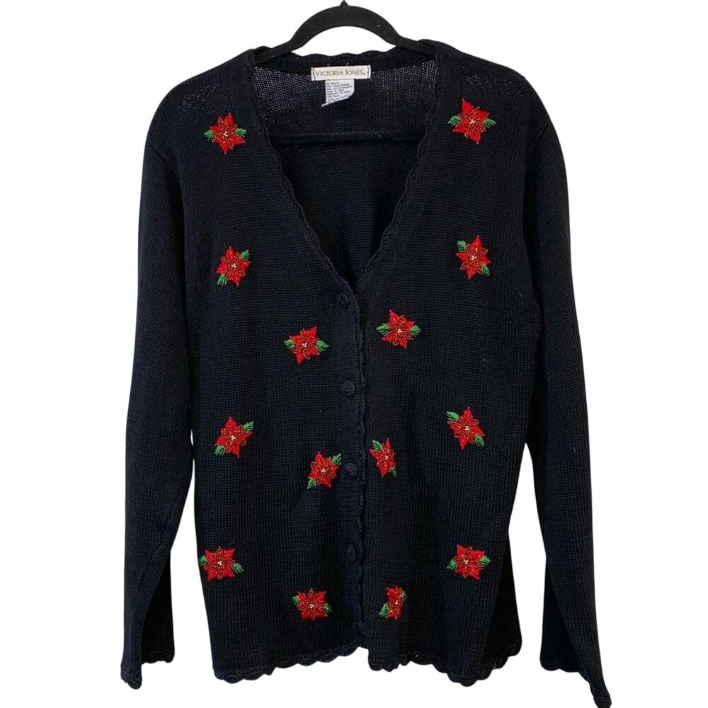 Victoria Jones Christmas Cardigan Sweater Poinsettia Medium